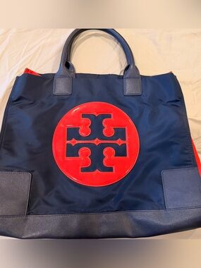 Tory Burch Black Interior Lined Tote with Branded Logo Print